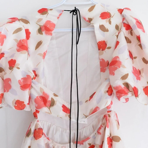 For Love & Lemons Jesse Puff Sleeve Floral  Mini Dress Cream & Red S NWT - Picture 10 of 14